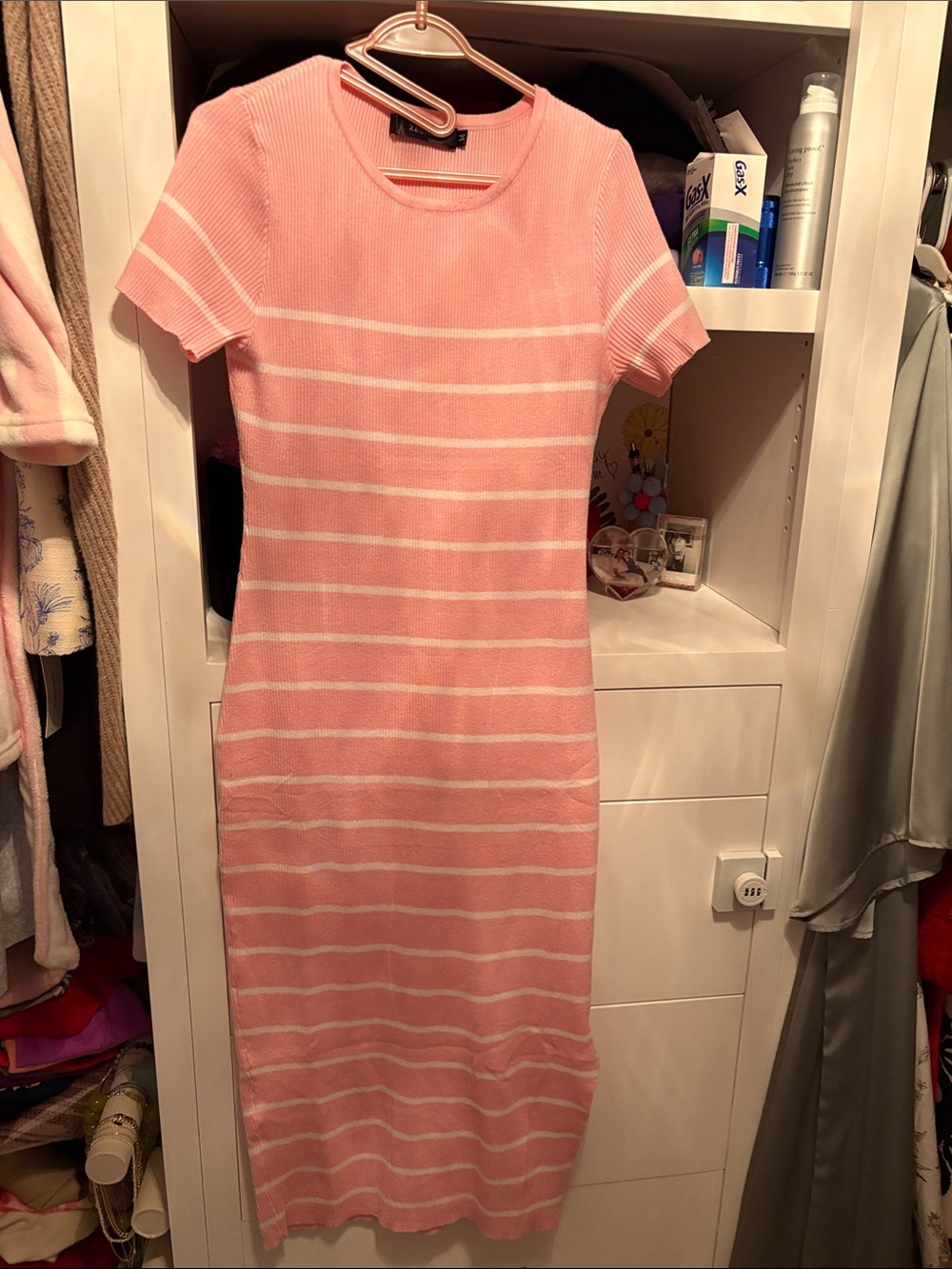 Pink Short-Sleeve Striped Knit Midi Dress
